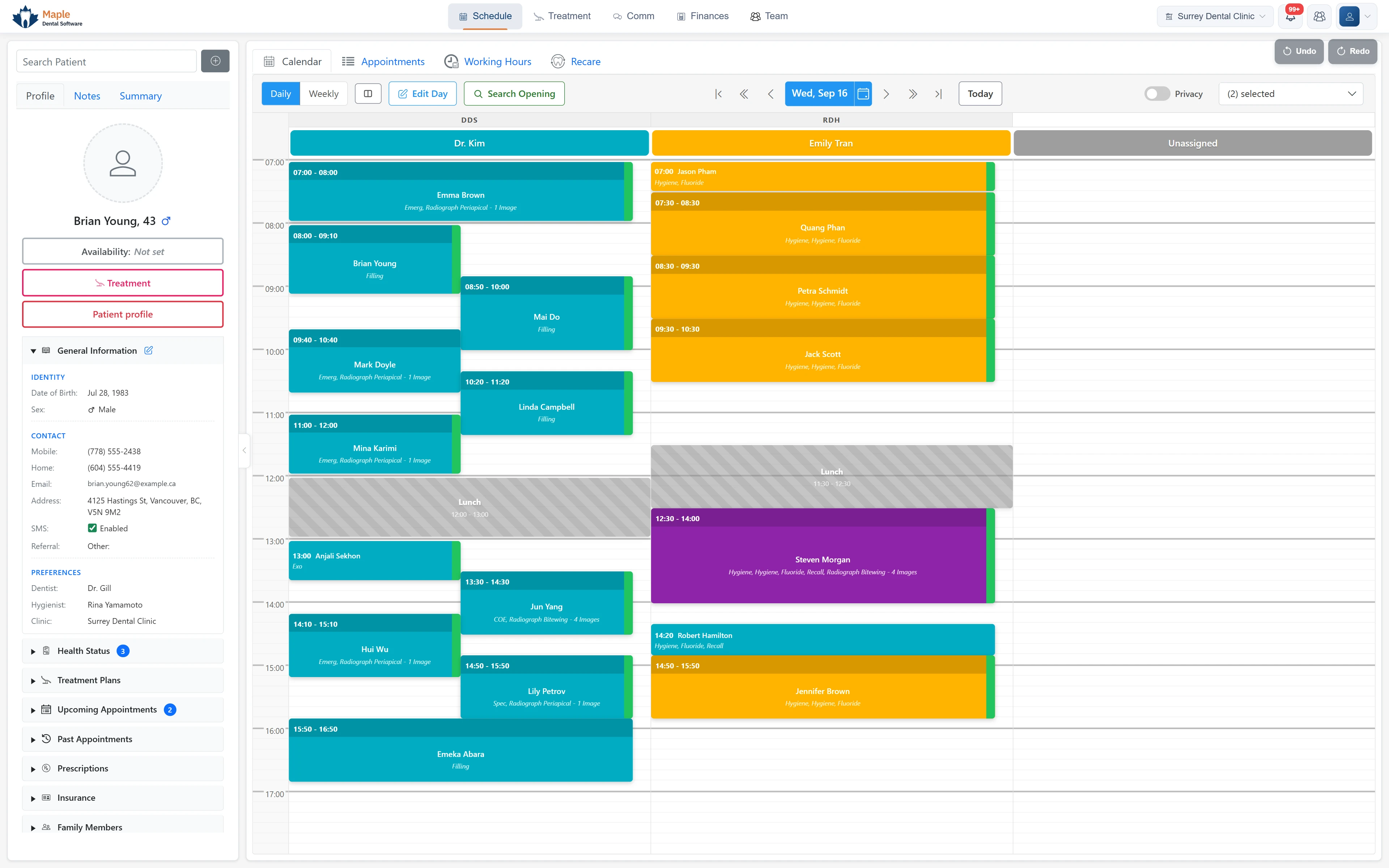 MapleDent Cloud schedule for a Wednesday: a dentist and a hygienist column with colour-coded appointments and lunch blocks, and a patient open in the sidebar