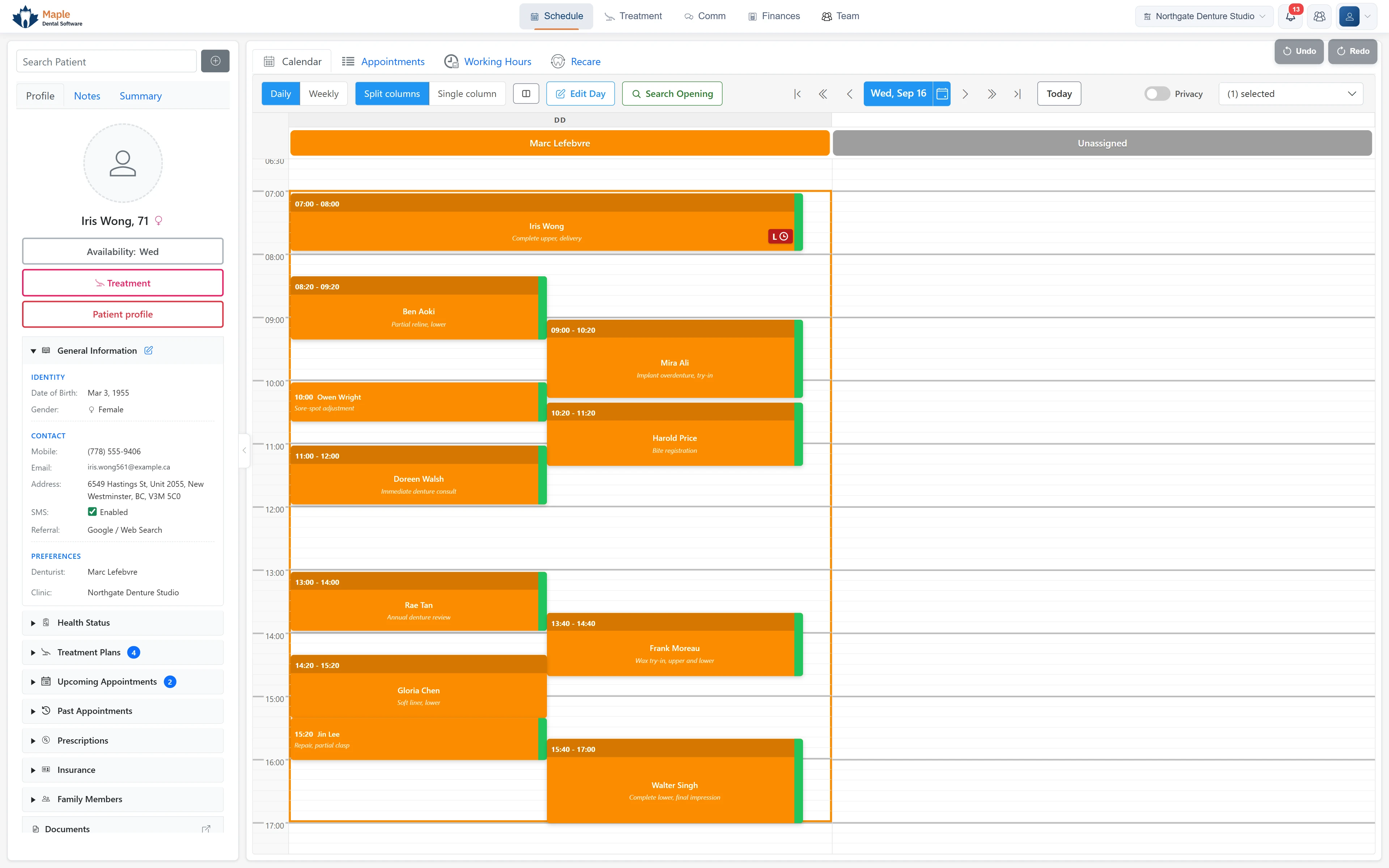 MapleDent Cloud schedule for a denturist clinic: one denturist column and an unassigned column with the day's impressions, try-ins, relines and repairs