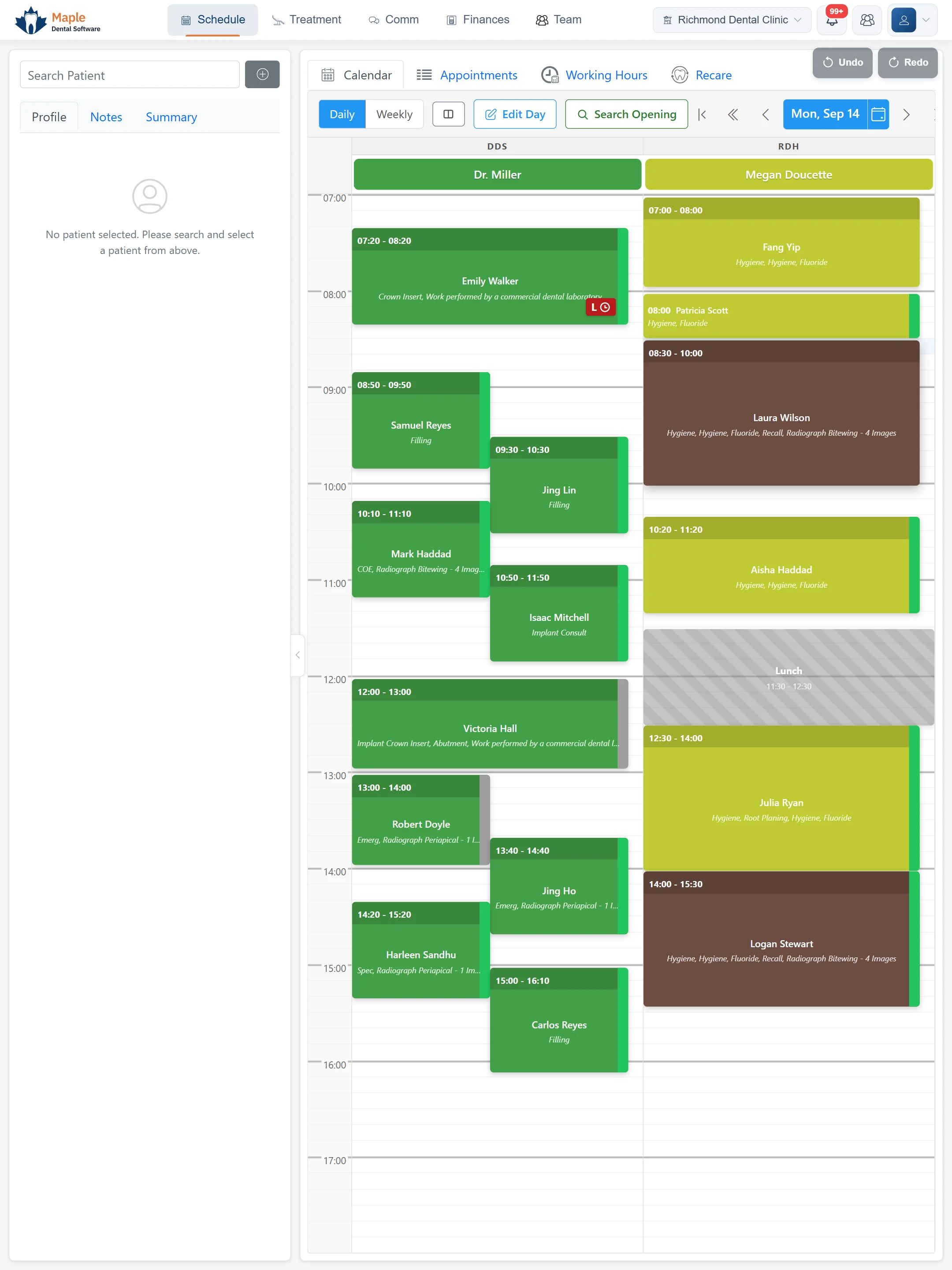 MapleDent Cloud schedule: a patient's availability is set to Friday after 4 pm and all of Saturday, so the schedule can offer them cancelled slots