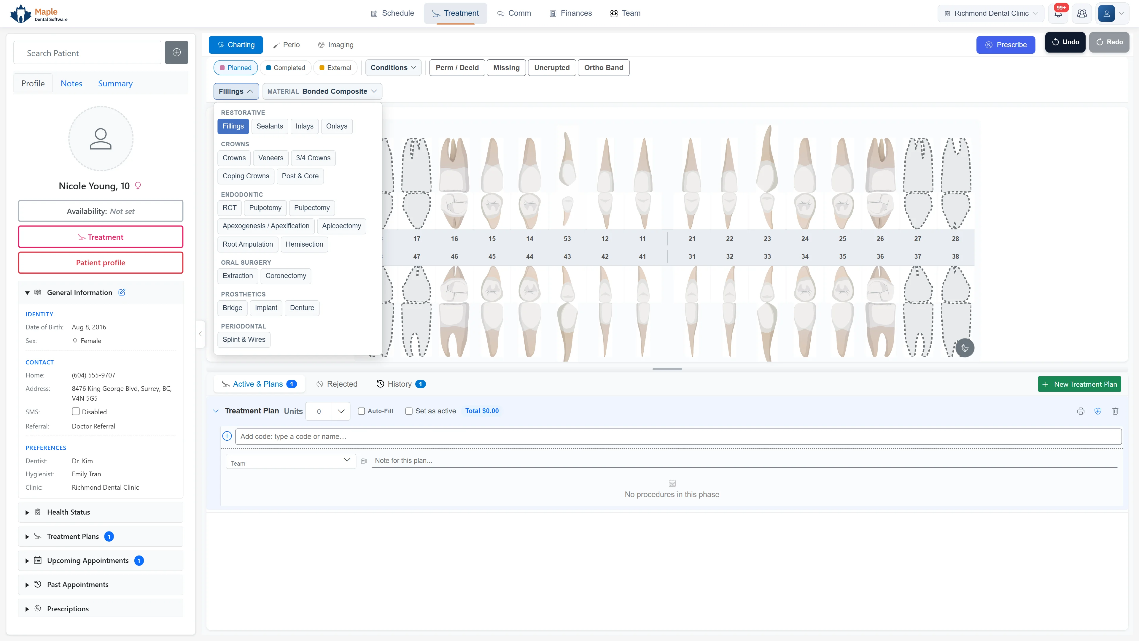 MapleDent Cloud chart: a root canal, a crown with its lab fee and a change of filling material each pick the right fee code automatically
