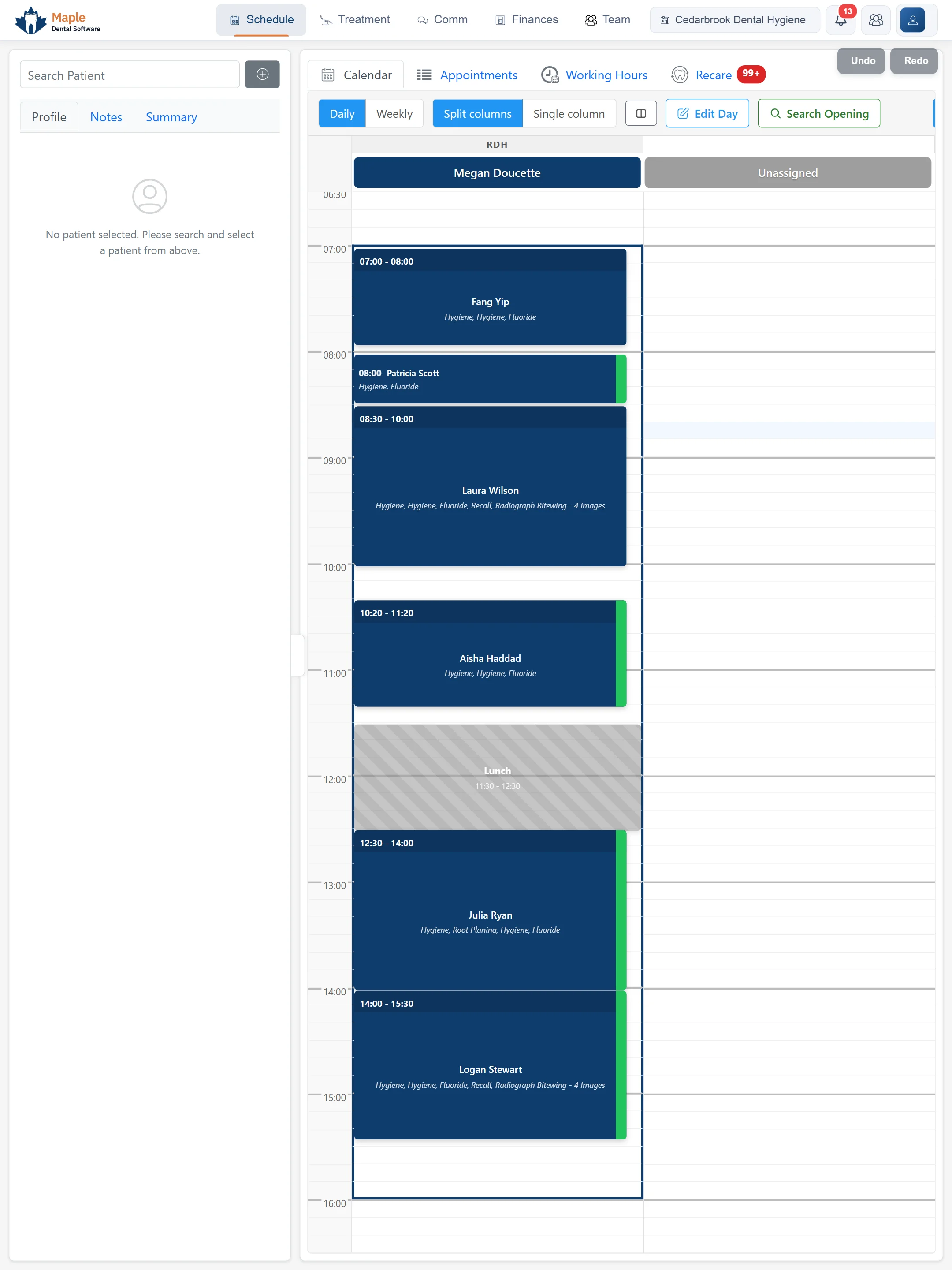 MapleDent Cloud schedule: a patient's availability is set to Friday after 4 pm and all of Saturday, so the schedule can offer them cancelled slots