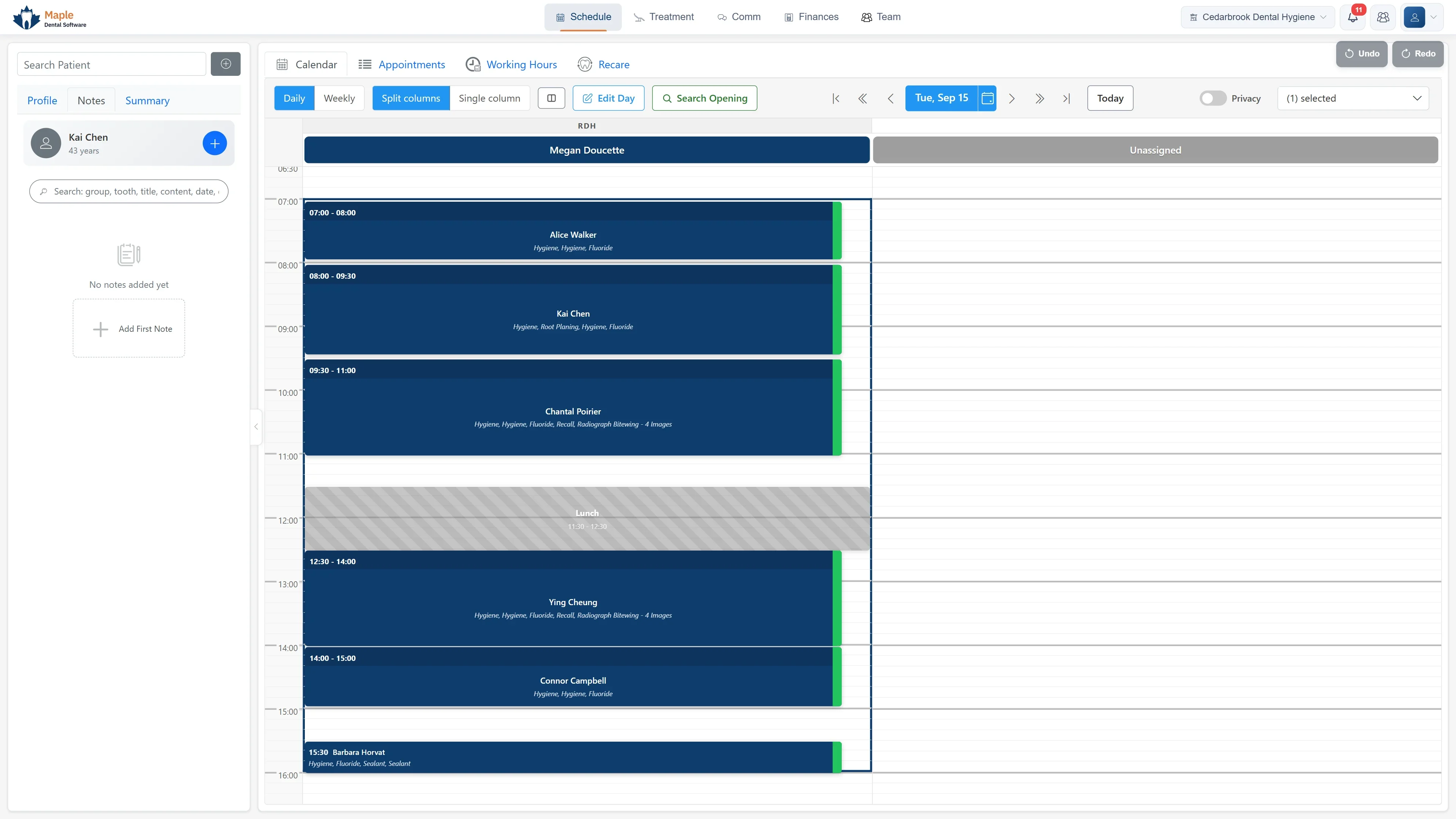 MapleDent Cloud guided notes: a hygiene visit note filled in by picking options, with the patient's words, blood pressure and teeth typed in